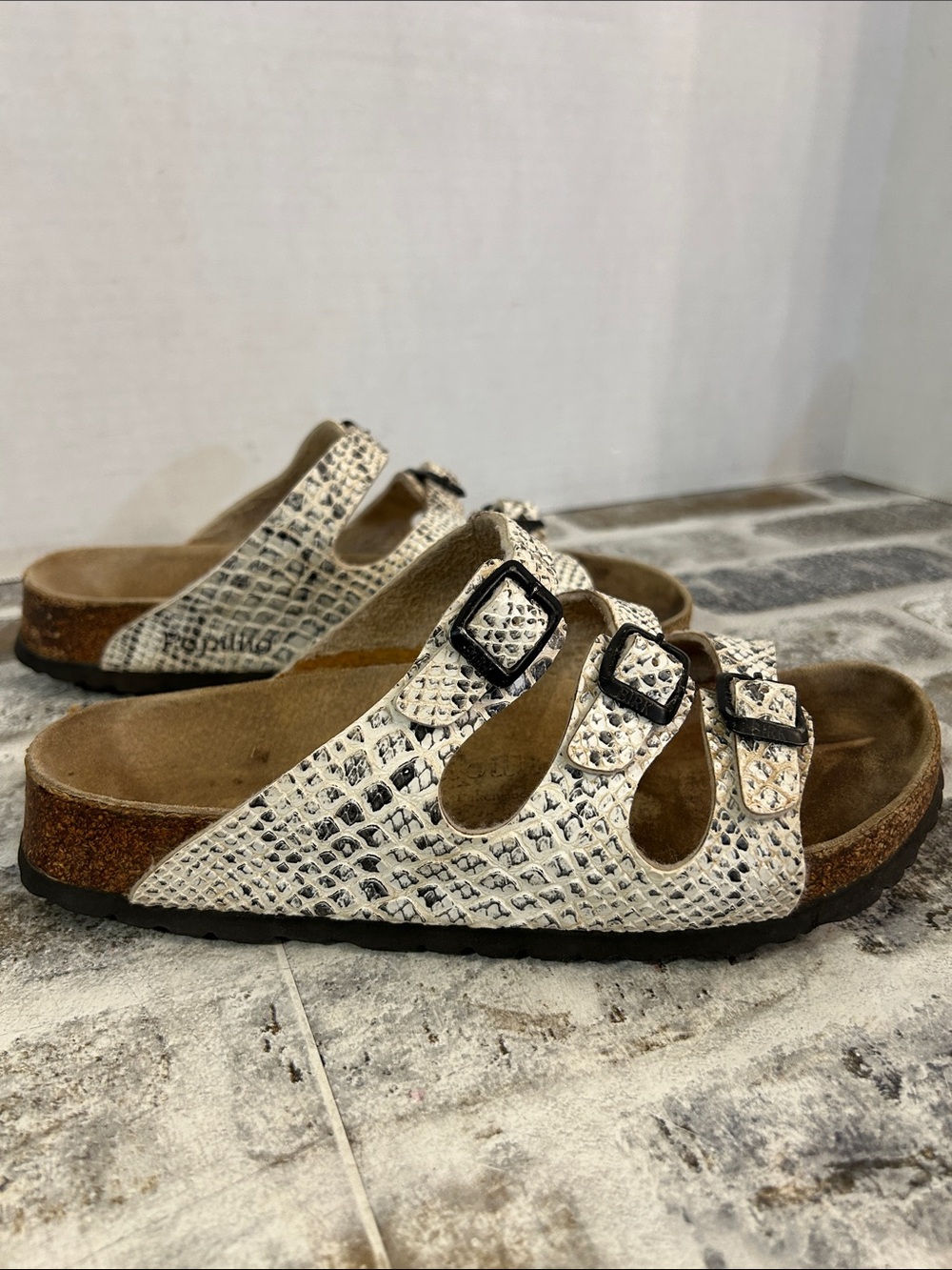 Birkenstock Papillio Three-Buckle Snake-Embossed Slide Sandals White and Black